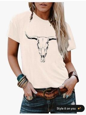 Women's Apricot color Graphic Skull Tee - Casual Western Top